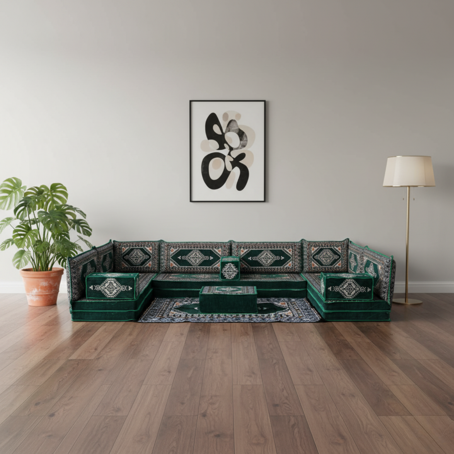 Arabic Floor Sofa Set – Green U Shaped Majlis Sectional with 8 Inch Cushions