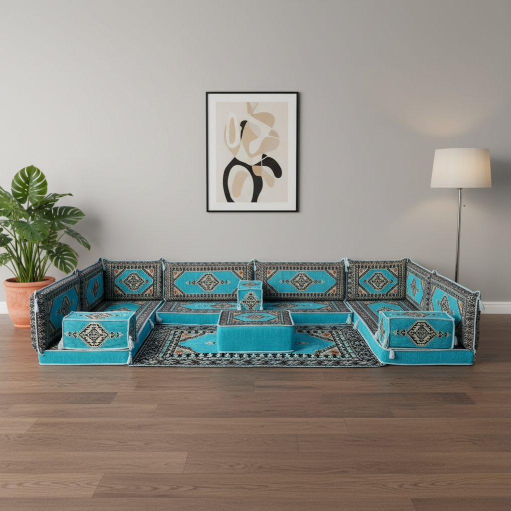 Arabic Floor Sofa Set – Turquoise U Shaped Majlis Sectional with 4 Inch Cushions