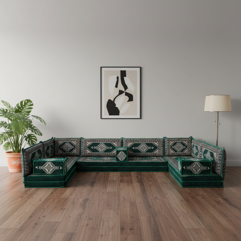 Arabic Floor Sofa Set – Green U Shaped Majlis Sectional with 8 Inch Cushions