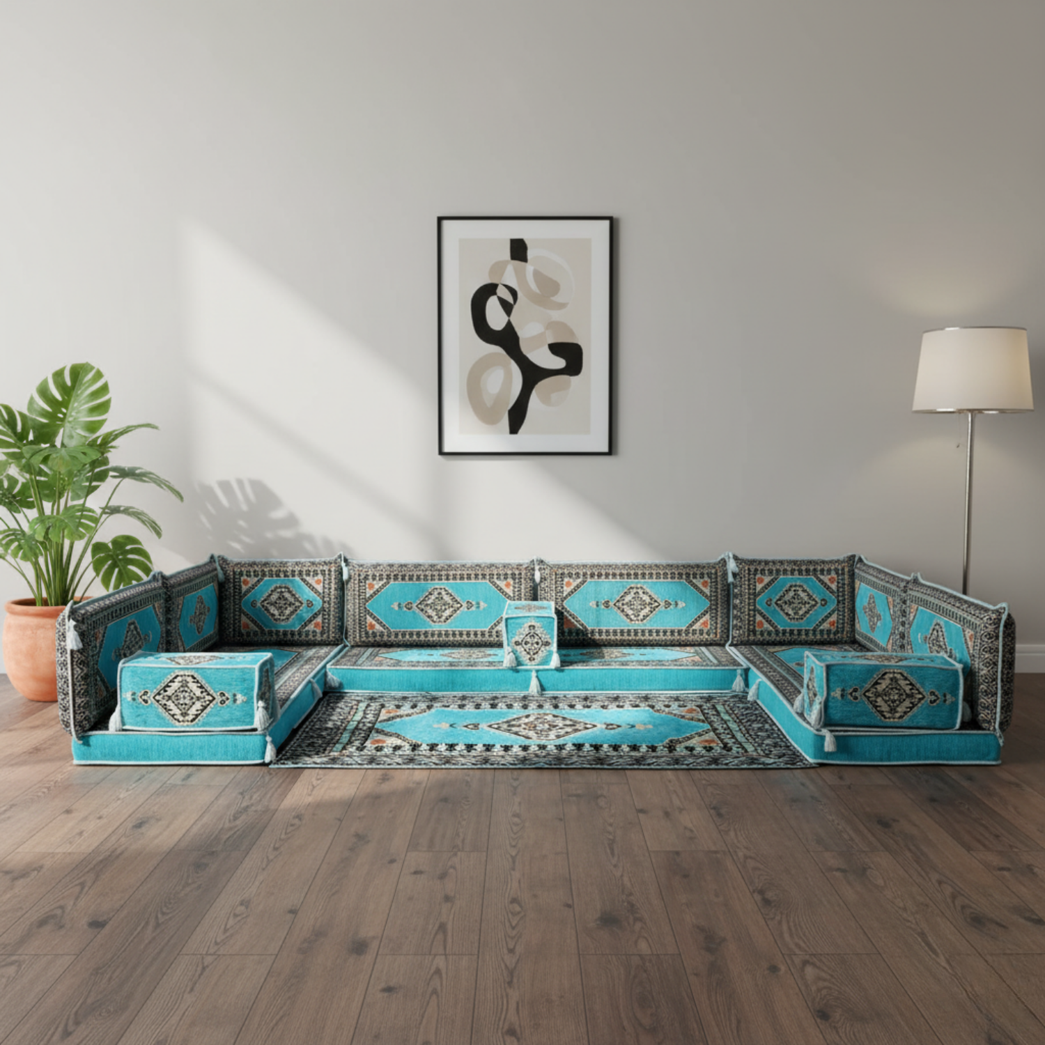 Arabic Floor Sofa Set – Turquoise U Shaped Majlis Sectional with 4 Inch Cushions
