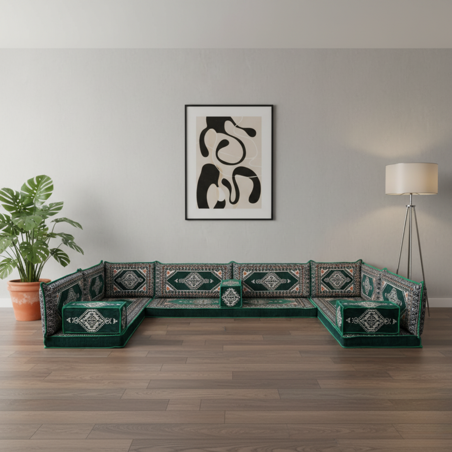 Arabic Floor Sofa Set – Green U Shaped Majlis Sectional with 4 Inch Cushions