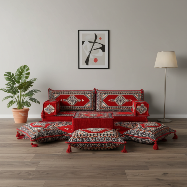 Arabic Loveseat Sofa Set – Red Loveseat Set with 4 and 8 Inch Cushion Options