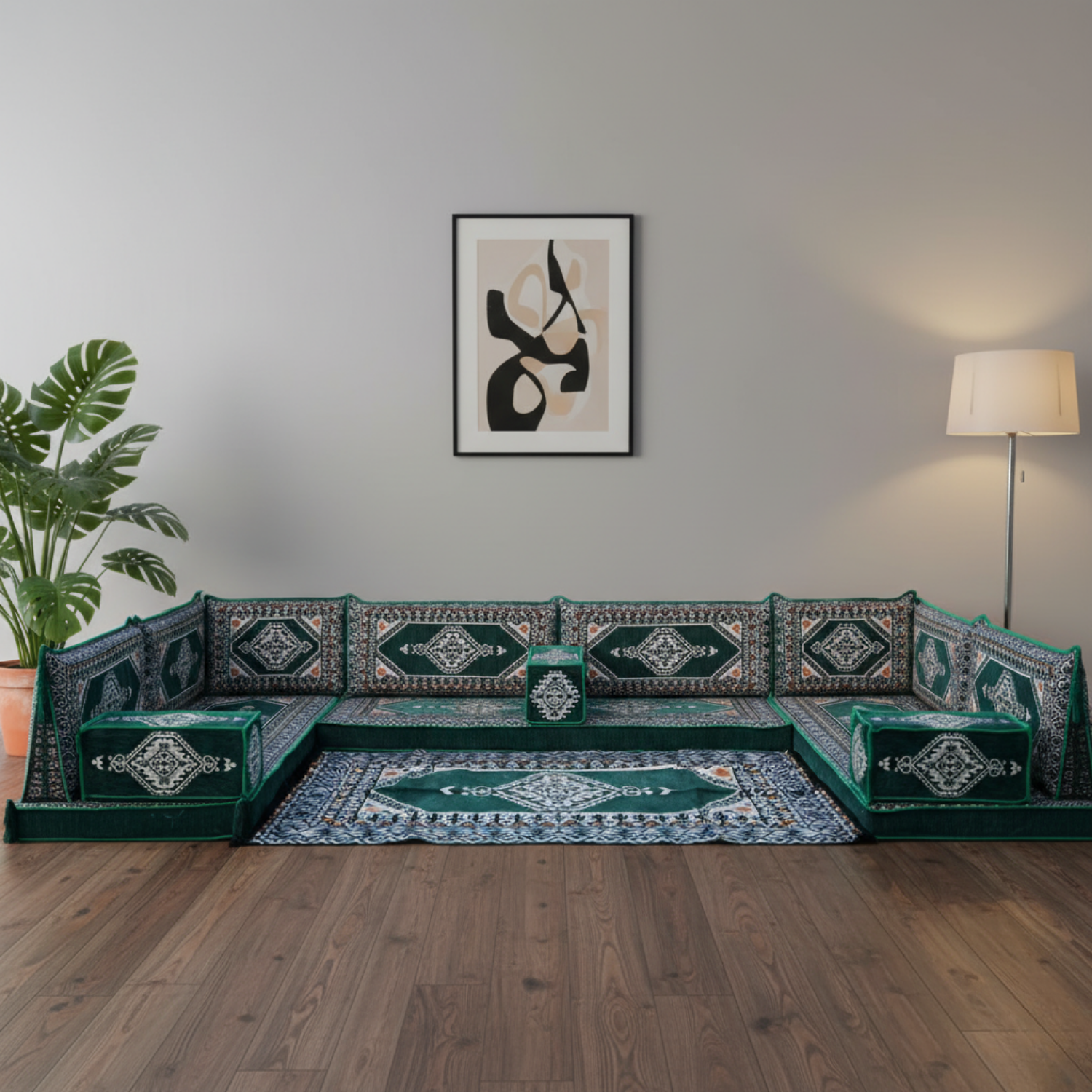 Arabic Floor Sofa Set – Green U Shaped Majlis Sectional with 4 Inch Cushions