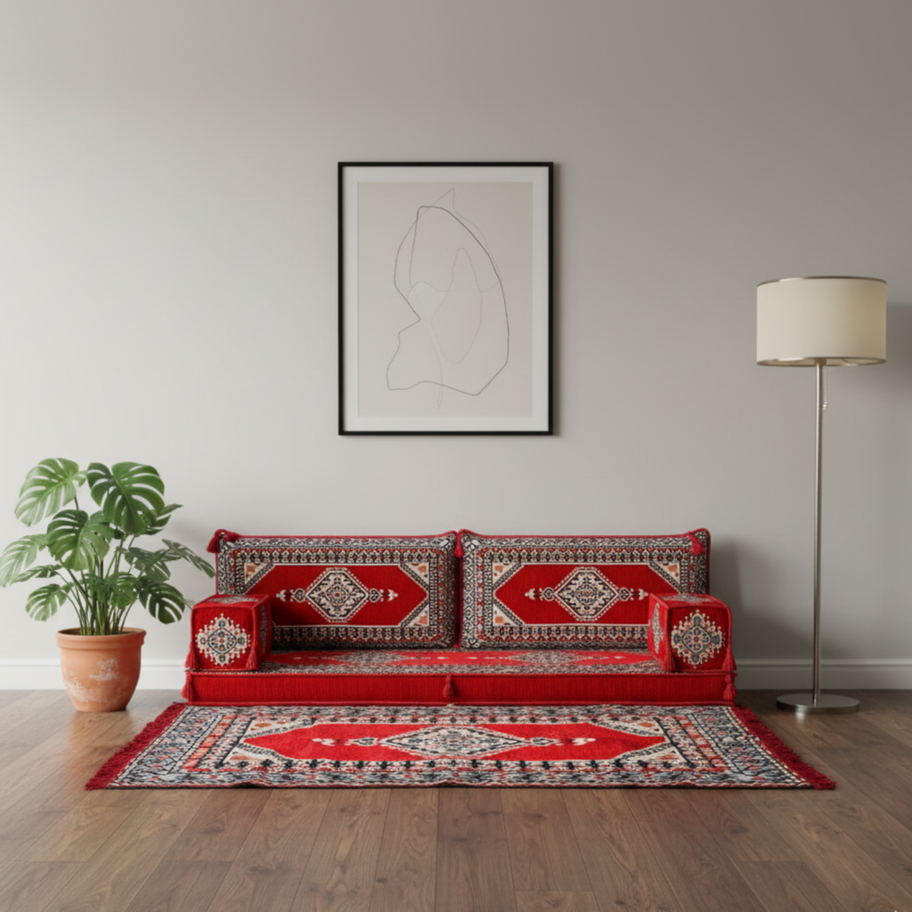 Arabic Loveseat Sofa Set – Red Loveseat Set with 4 and 8 Inch Cushion Options