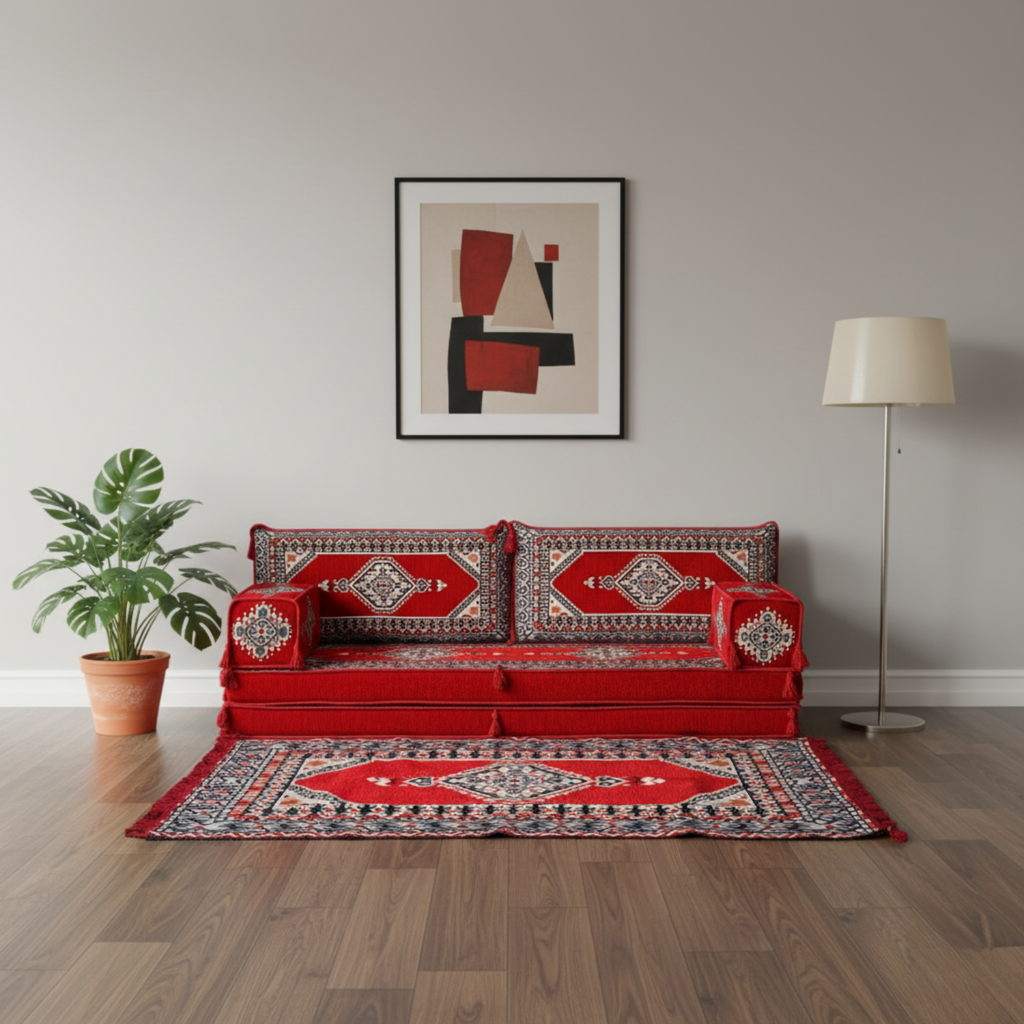 Arabic Loveseat Sofa Set – Red Loveseat Set with 4 and 8 Inch Cushion Options