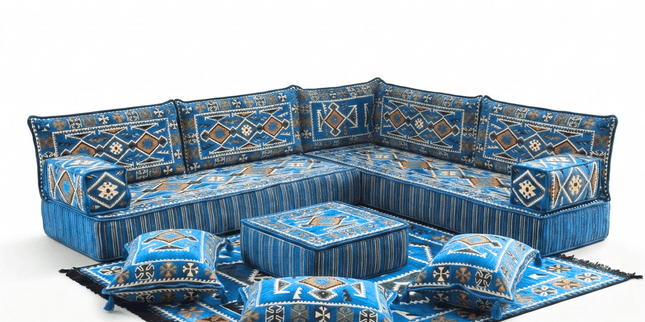 Arabic Floor Sofa Set – Navy Blue L Shaped Majlis Sectional with 8 Inch Cushions