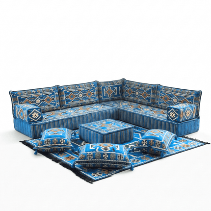 Arabic Floor Sofa Set – Navy Blue L Shaped Majlis Sectional with 8 Inch Cushions