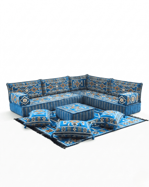 Arabic Floor Sofa Set – Navy Blue L Shaped Majlis Sectional with 8 Inch Cushions