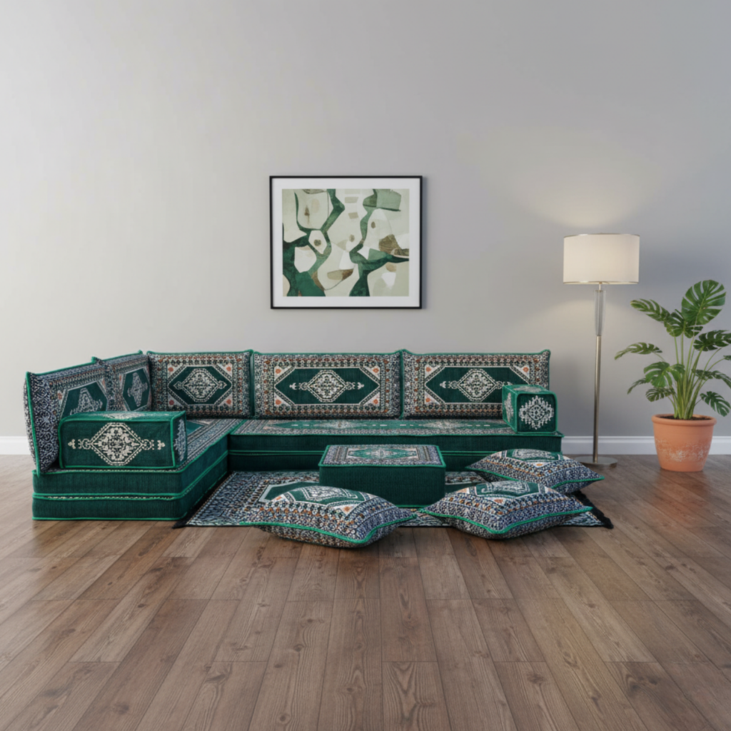 Arabic Floor Sofa Set – Green L Shaped Majlis Sectional with 8 Inch Cushions