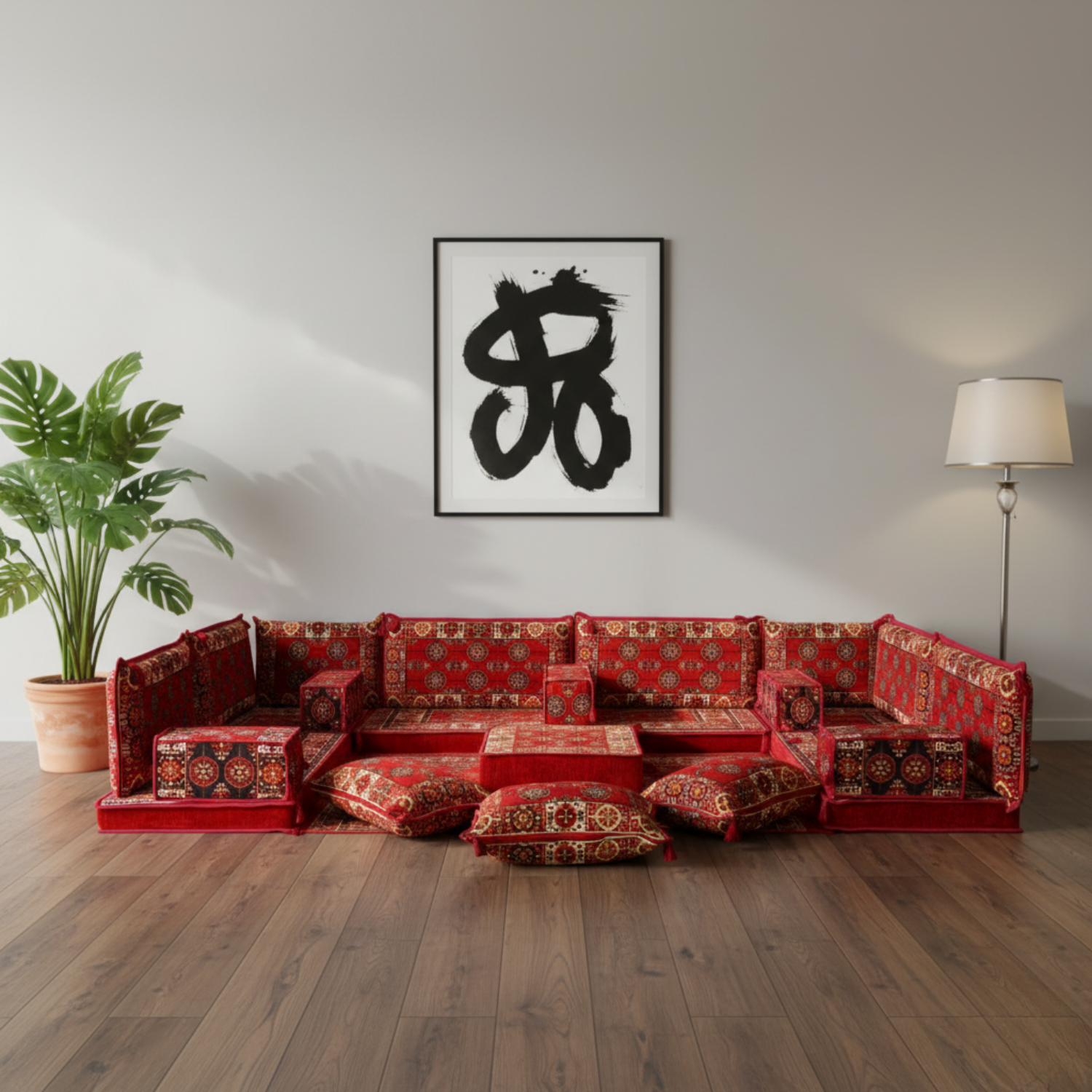 Arabic Floor Sofa Set – Red U Shaped Majlis Sectional with 4 Inch Cushions