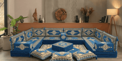Arabic Floor Sofa Set – Blue U Shaped Majlis Sectional with 8 Inch Cushions