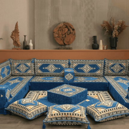 Arabic Floor Sofa Set – Blue U Shaped Majlis Sectional with 8 Inch Cushions