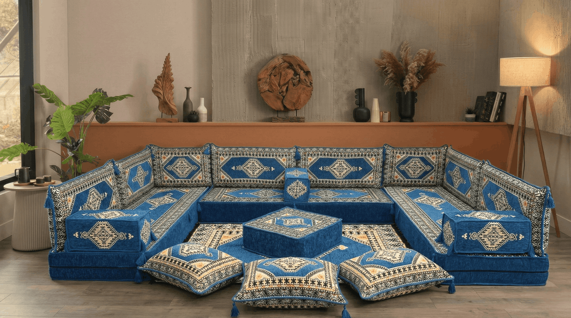 Arabic Floor Sofa Set – Blue U Shaped Majlis Sectional with 8 Inch Cushions
