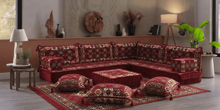 Arabic Floor Sofa Set – Maroon L Shaped Majlis Sectional with 8 Inch Cushions