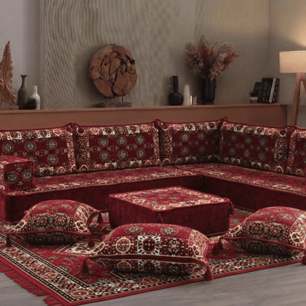 Arabic Floor Sofa Set – Maroon L Shaped Majlis Sectional with 8 Inch Cushions