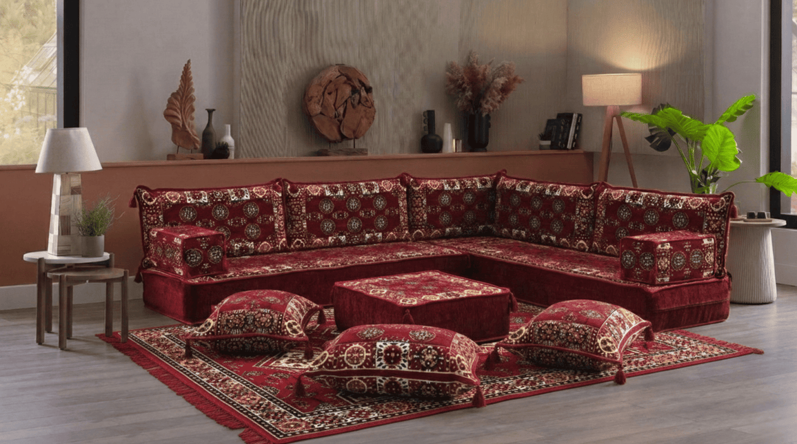 Arabic Floor Sofa Set – Maroon L Shaped Majlis Sectional with 8 Inch Cushions