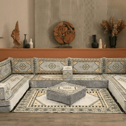 Arabic Floor Sofa Set – Gray U Shaped Majlis Sectional with 8 Inch Cushions