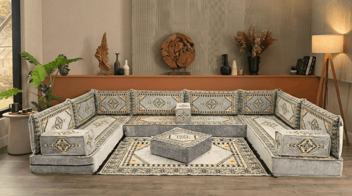 Arabic Floor Sofa Set – Gray U Shaped Majlis Sectional with 8 Inch Cushions