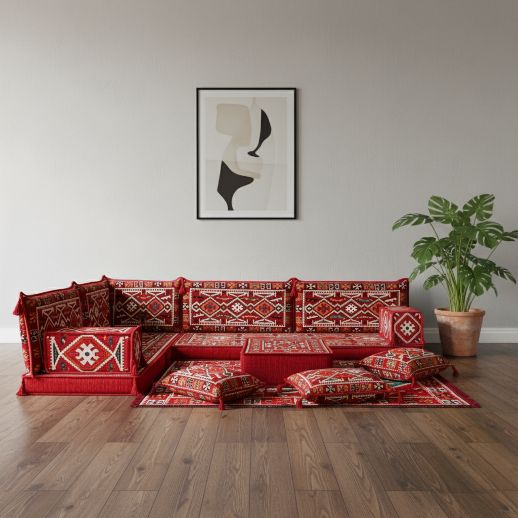 Arabic Floor Sofa Set – Maroon L Shaped Majlis Sectional with 4 Inch Cushions