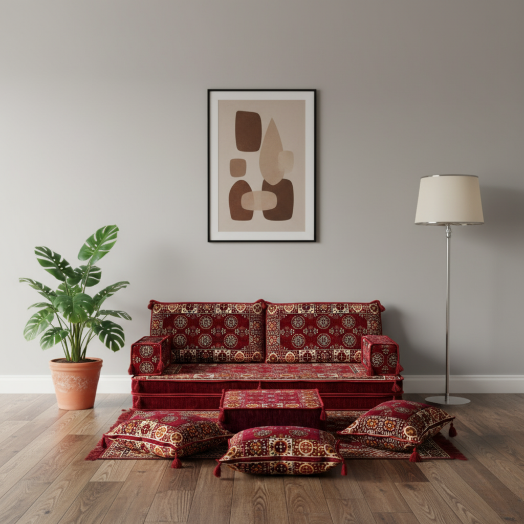 Arabic Loveseat Sofa Set – Maroon Loveseat Set with 4 and 8 Inch Cushion Options