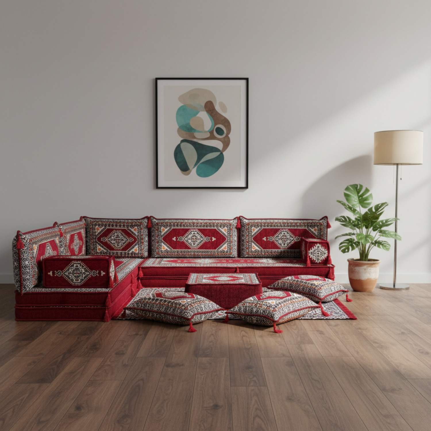 Arabic Floor Sofa Set – Maroon L Shaped Majlis Sectional with 8 Inch Cushions