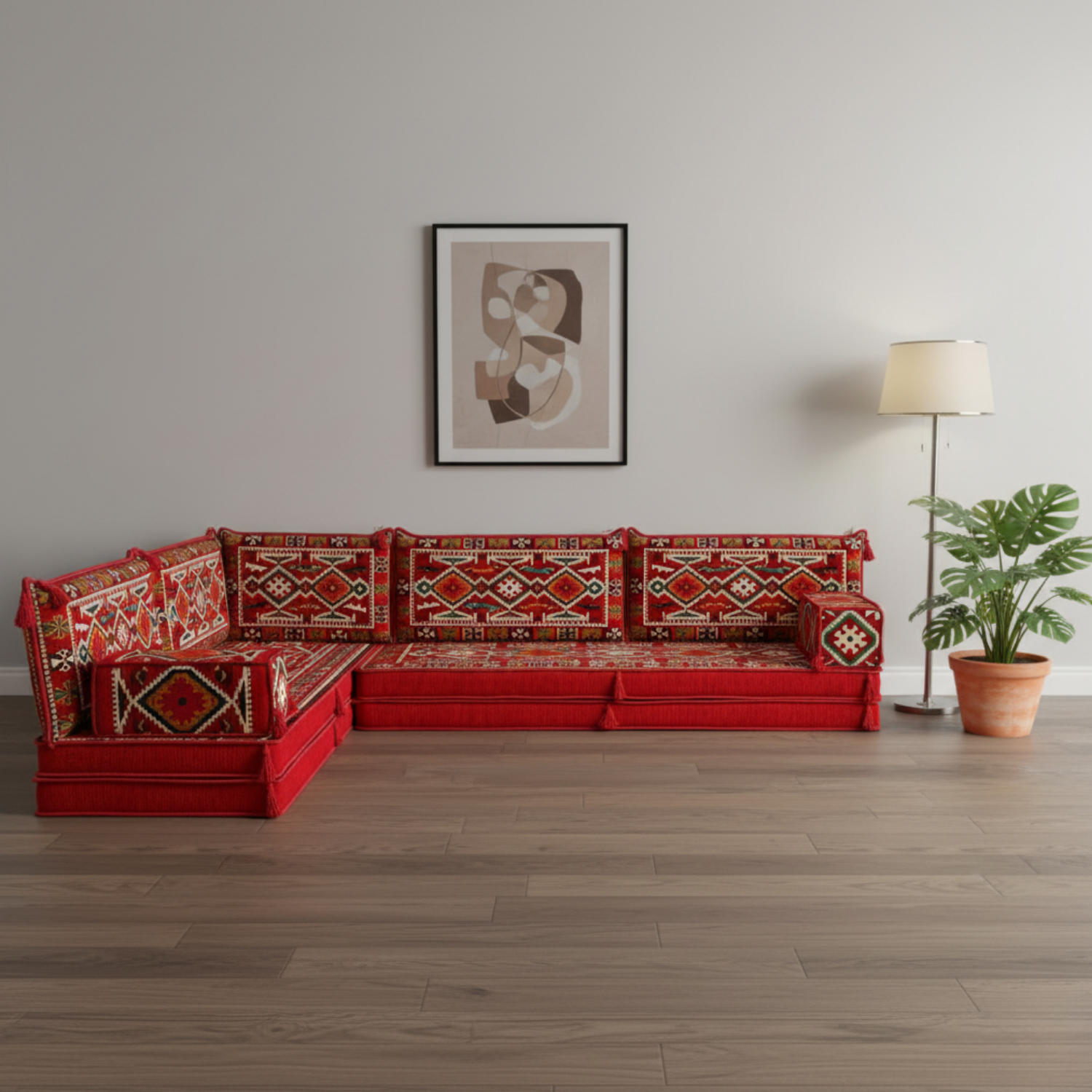 Arabic Floor Sofa Set – Red L Shaped Majlis Sectional with 8 Inch Cushions