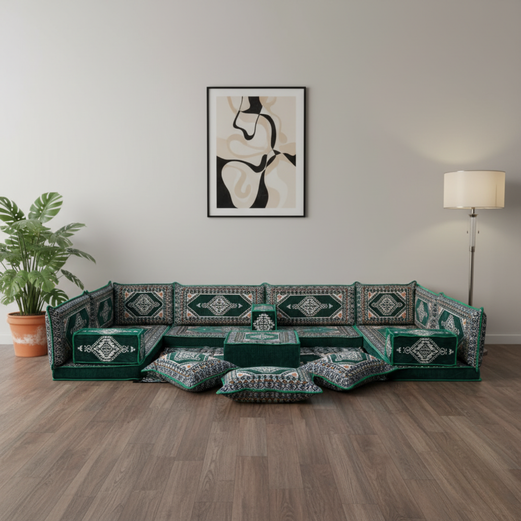 Arabic Floor Sofa Set – Green U Shaped Majlis Sectional with 4 Inch Cushions