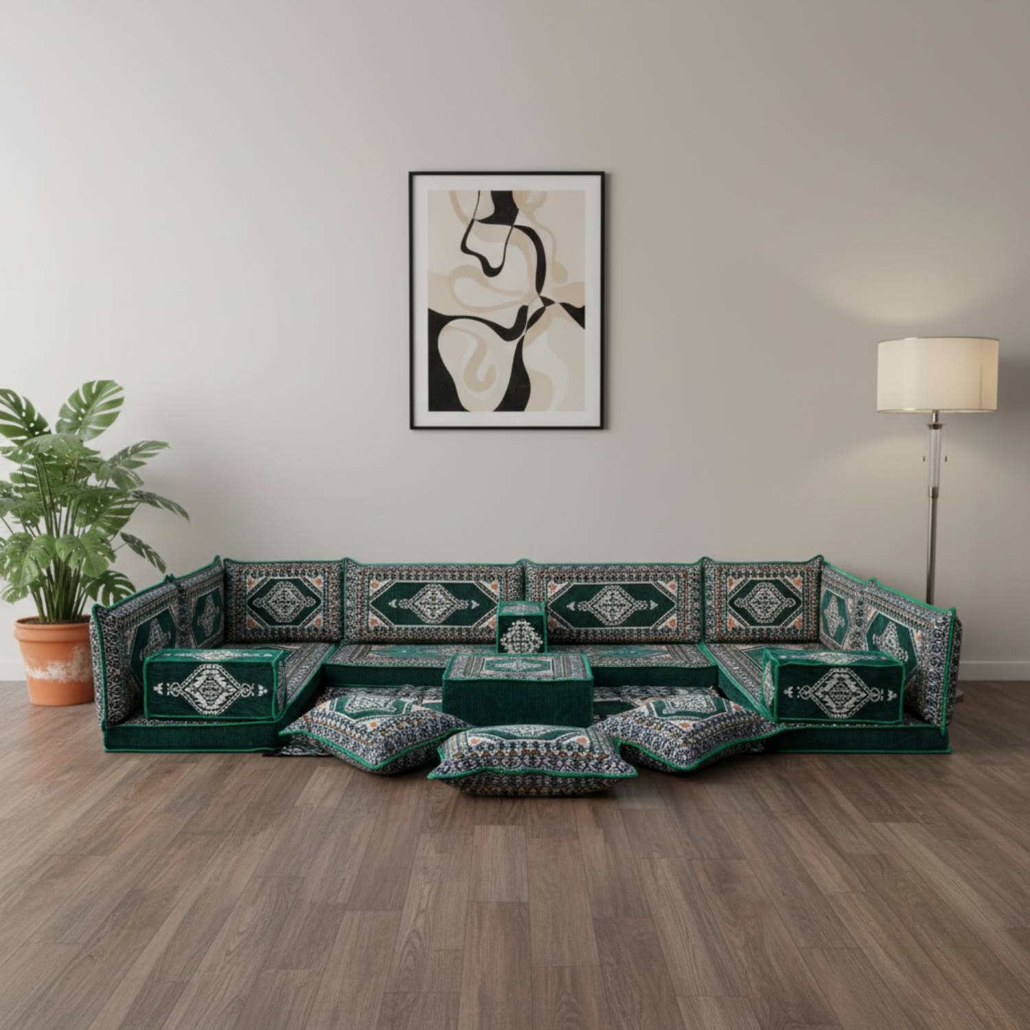 Arabic Floor Sofa Set – Green U Shaped Majlis Sectional with 4 Inch Cushions