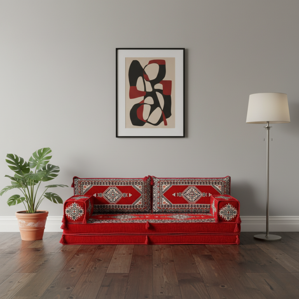 Arabic Loveseat Sofa Set – Red Loveseat Set with 4 and 8 Inch Cushion Options