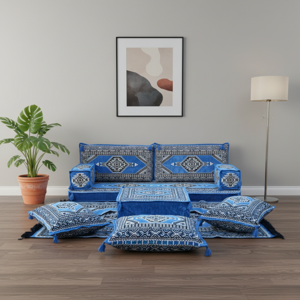 Arabic Loveseat Sofa Set – Blue Loveseat Set with 4 and 8 Inch Cushion Options
