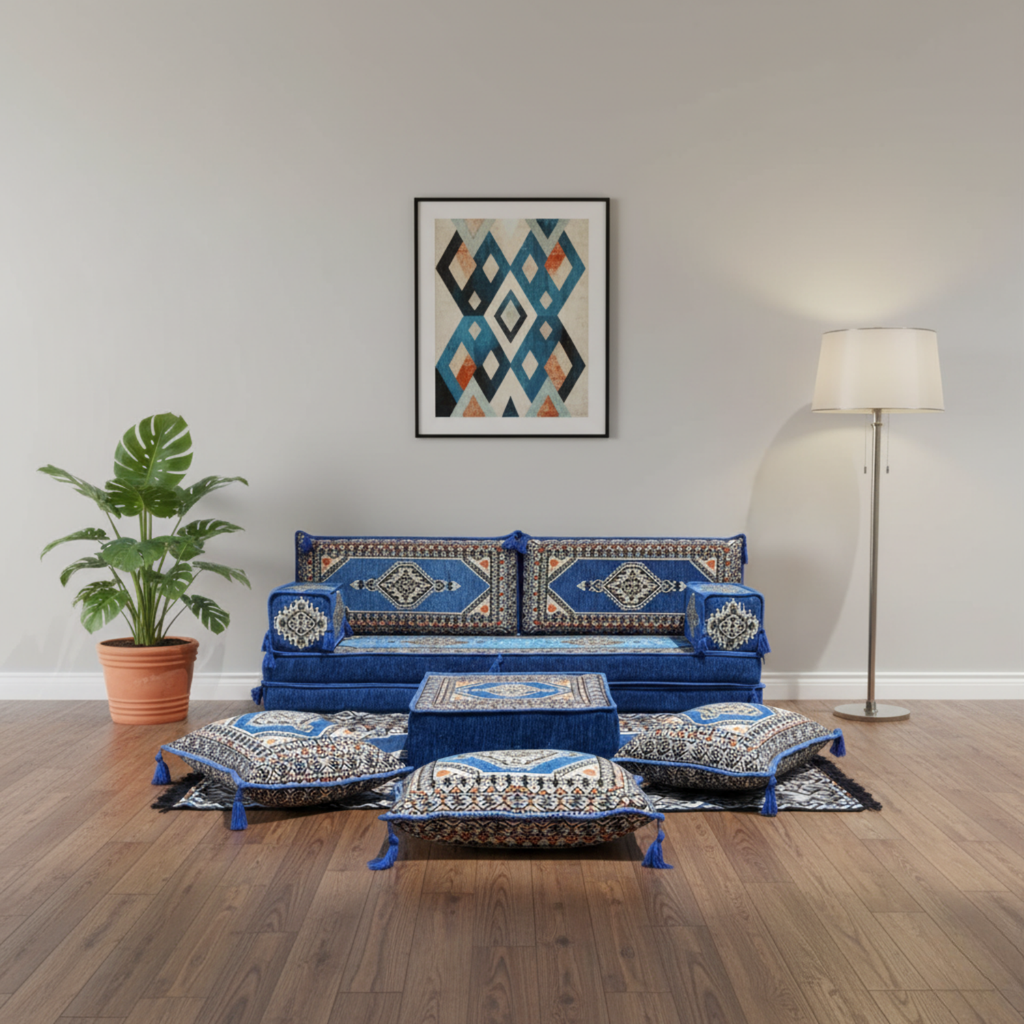 Arabic Loveseat Sofa Set – Blue Loveseat Set with 4 and 8 Inch Cushion Options