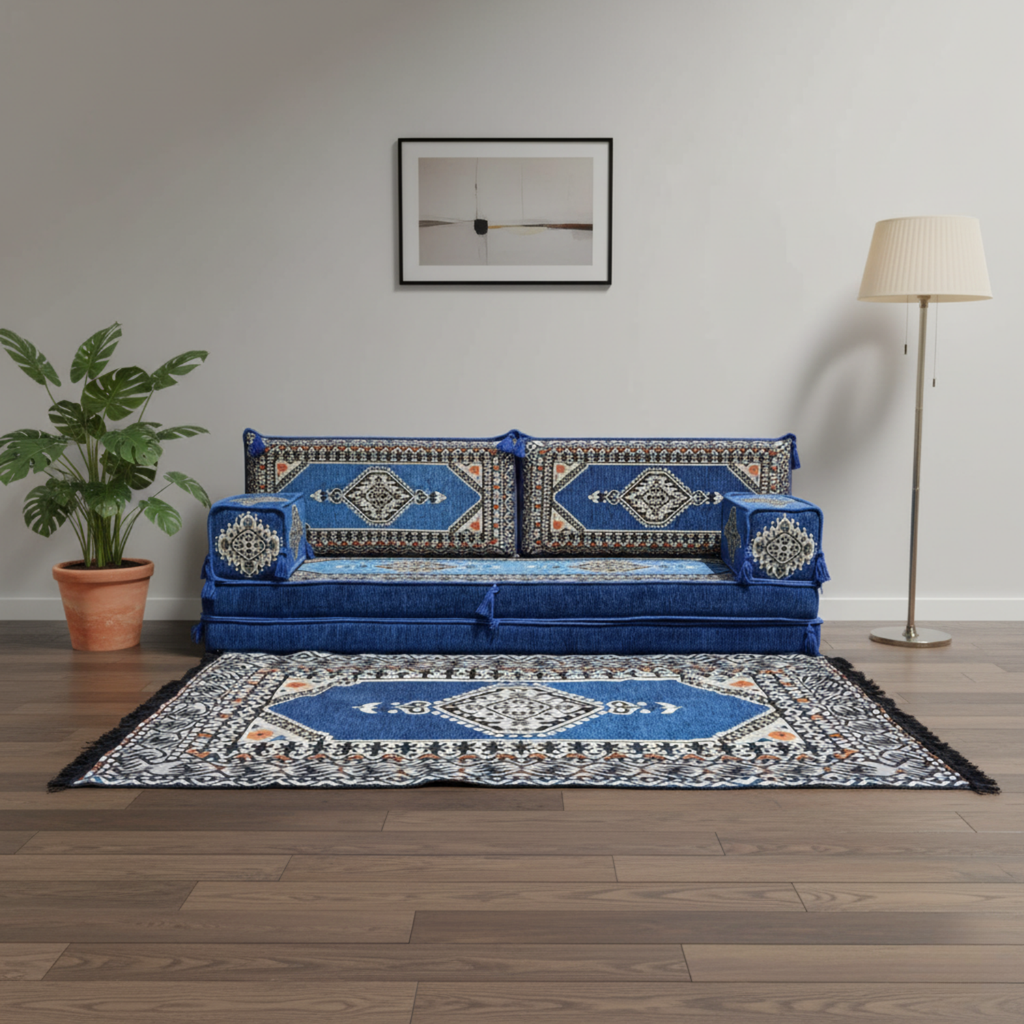 Arabic Loveseat Sofa Set – Blue Loveseat Set with 4 and 8 Inch Cushion Options