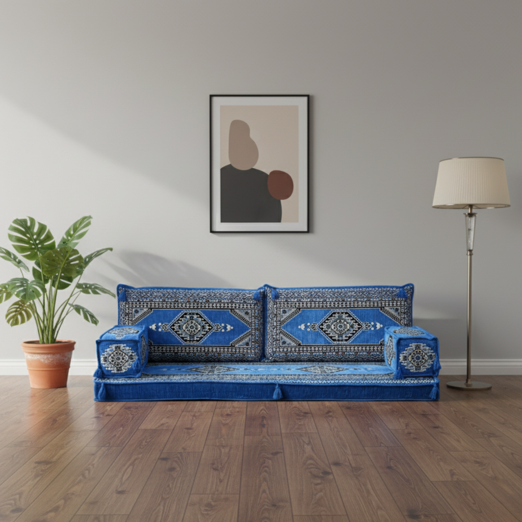 Arabic Loveseat Sofa Set – Blue Loveseat Set with 4 and 8 Inch Cushion Options