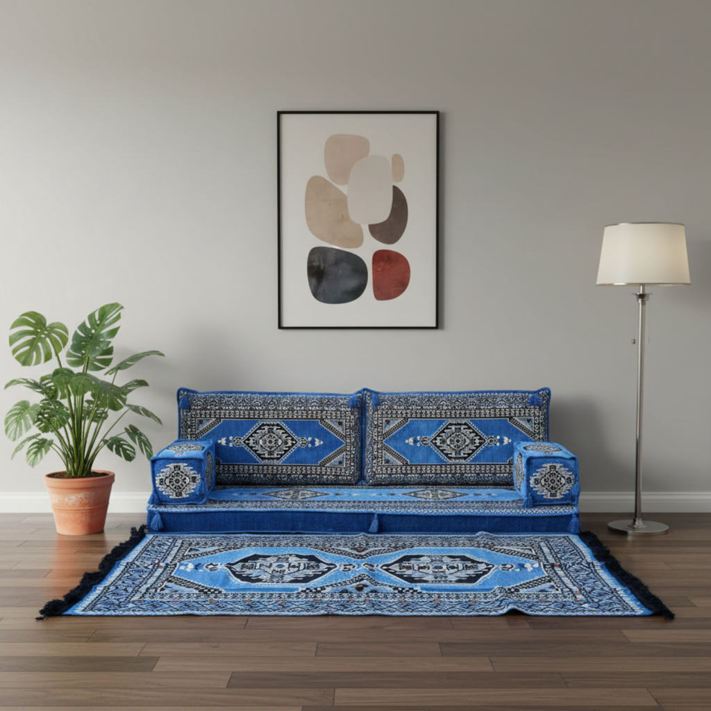 Arabic Loveseat Sofa Set – Blue Loveseat Set with 4 and 8 Inch Cushion Options