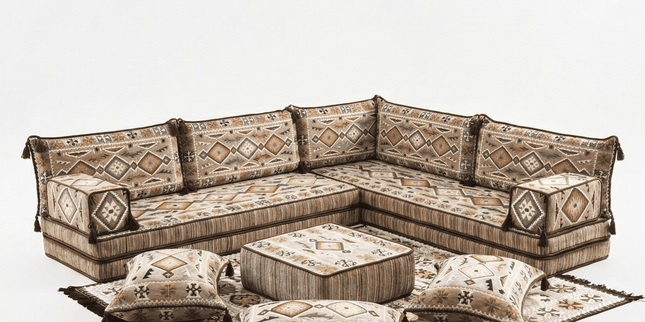 Arabic Floor Sofa Set – Light Brown L Shaped Majlis Sectional with 8 Inch Cushions
