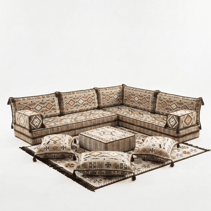 Arabic Floor Sofa Set – Light Brown L Shaped Majlis Sectional with 8 Inch Cushions