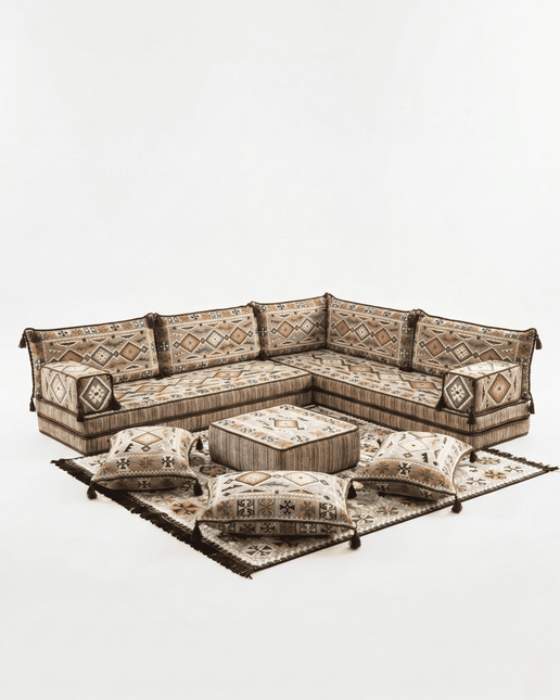 Arabic Floor Sofa Set – Light Brown L Shaped Majlis Sectional with 8 Inch Cushions