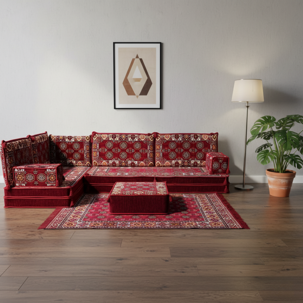 Arabic Floor Sofa Set – Maroon L Shaped Majlis Sectional with 8 Inch Cushions