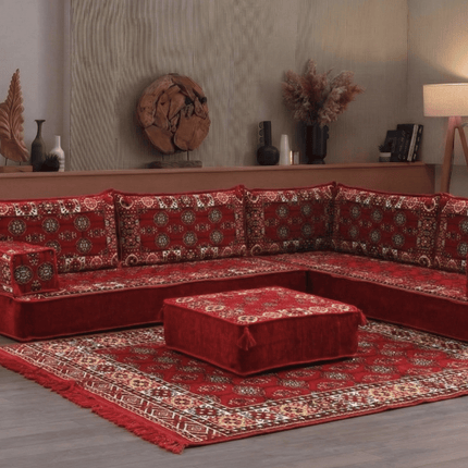 Arabic Floor Sofa Set – Maroon L Shaped Majlis Sectional with 8 Inch Cushions