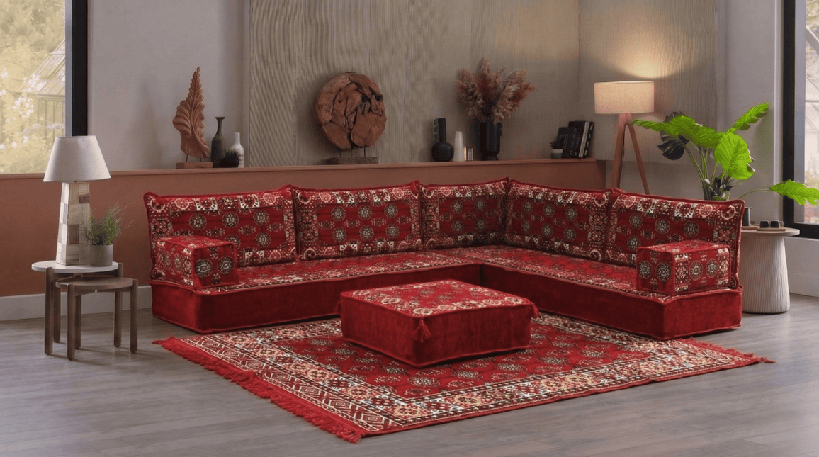 Arabic Floor Sofa Set – Maroon L Shaped Majlis Sectional with 8 Inch Cushions