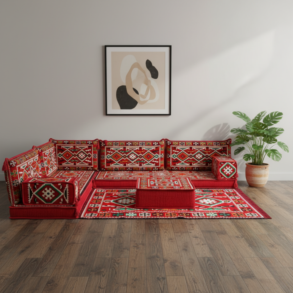 Arabic Floor Sofa Set – Maroon L Shaped Majlis Sectional with 4 Inch Cushions