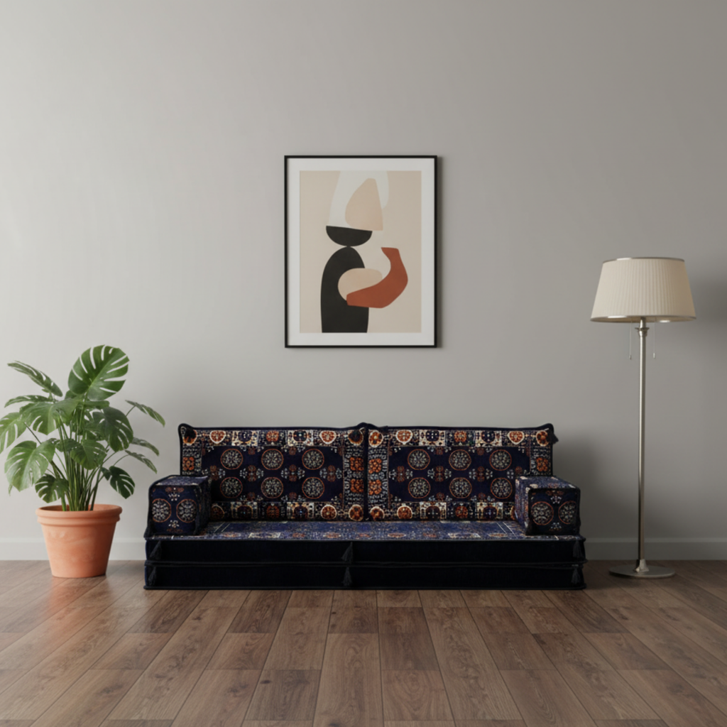 Arabic Loveseat Sofa – Navy Loveseat with 4 and 8 Inch Cushion Options