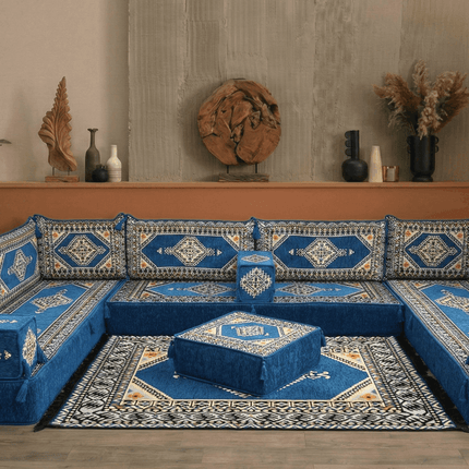 Arabic Floor Sofa Set – Blue U Shaped Majlis Sectional with 8 Inch Cushions