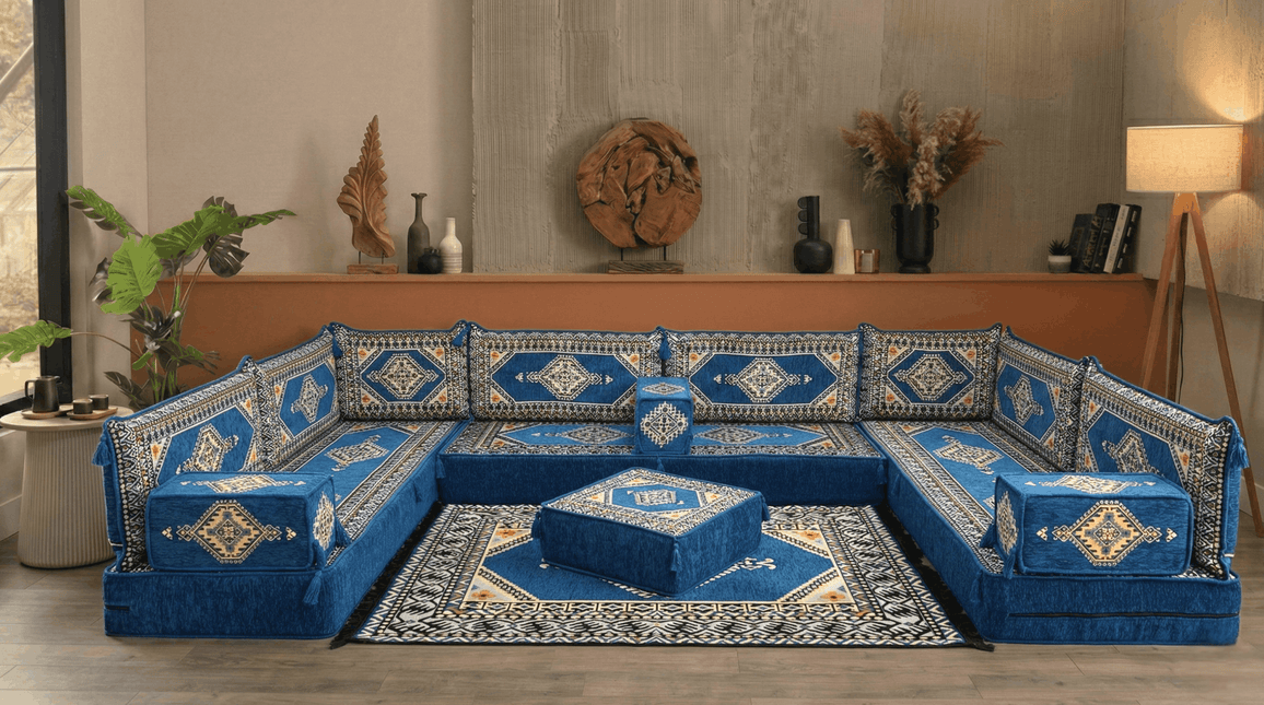 Arabic Floor Sofa Set – Blue U Shaped Majlis Sectional with 8 Inch Cushions