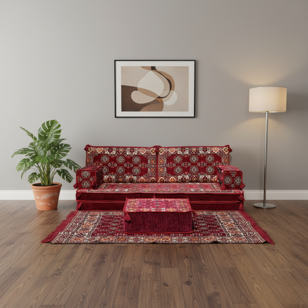 Arabic Loveseat Sofa Set – Maroon Loveseat Set with 4 and 8 Inch Cushion Options
