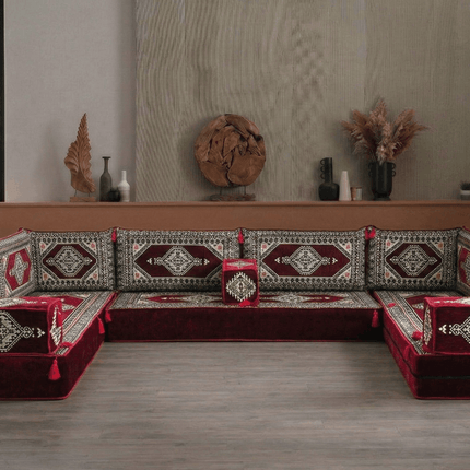 Arabic Floor Sofa Set – Maroon U Shaped Majlis Sectional with 8 Inch Cushions