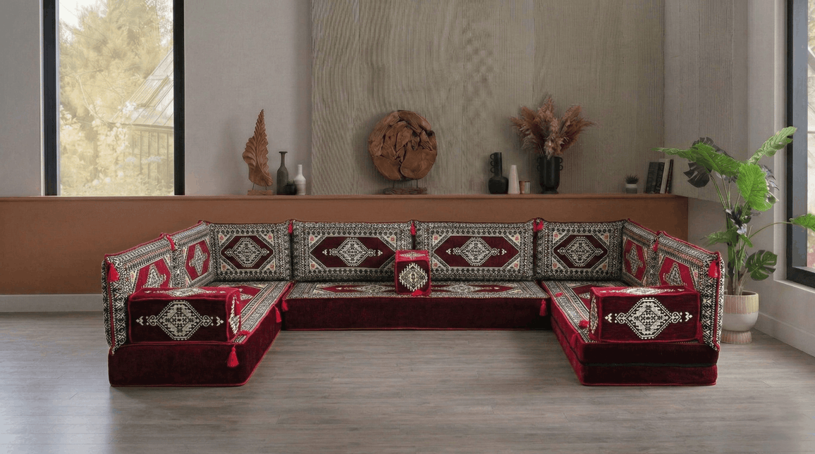 Arabic Floor Sofa Set – Maroon U Shaped Majlis Sectional with 8 Inch Cushions