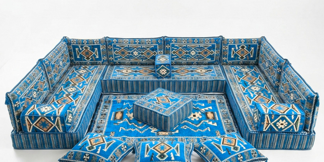 Arabic Floor Sofa Set – Navy Blue U Shaped Majlis Sectional with 8 Inch Cushions