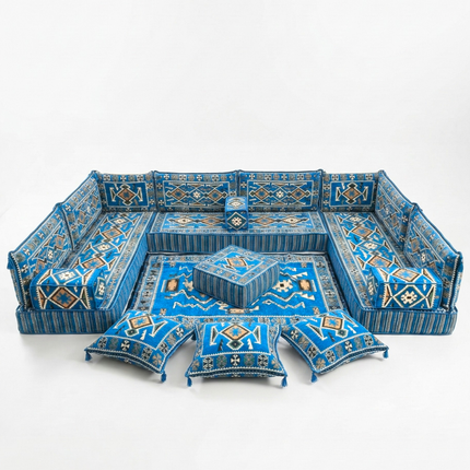 Arabic Floor Sofa Set – Navy Blue U Shaped Majlis Sectional with 8 Inch Cushions