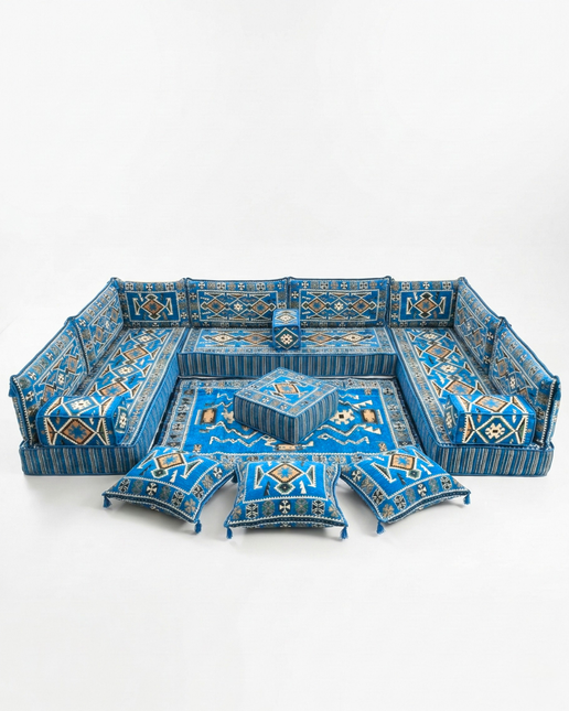 Arabic Floor Sofa Set – Navy Blue U Shaped Majlis Sectional with 8 Inch Cushions